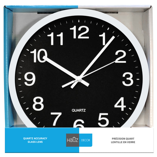 Hauz Decor | Round 12" Wall Clock - White Frame with Black Background and White Details