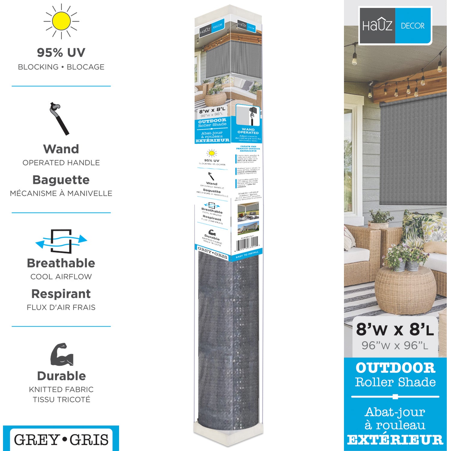 Hauz | Wand Operated Outdoor Roller Shades 8' X 8' - Grey