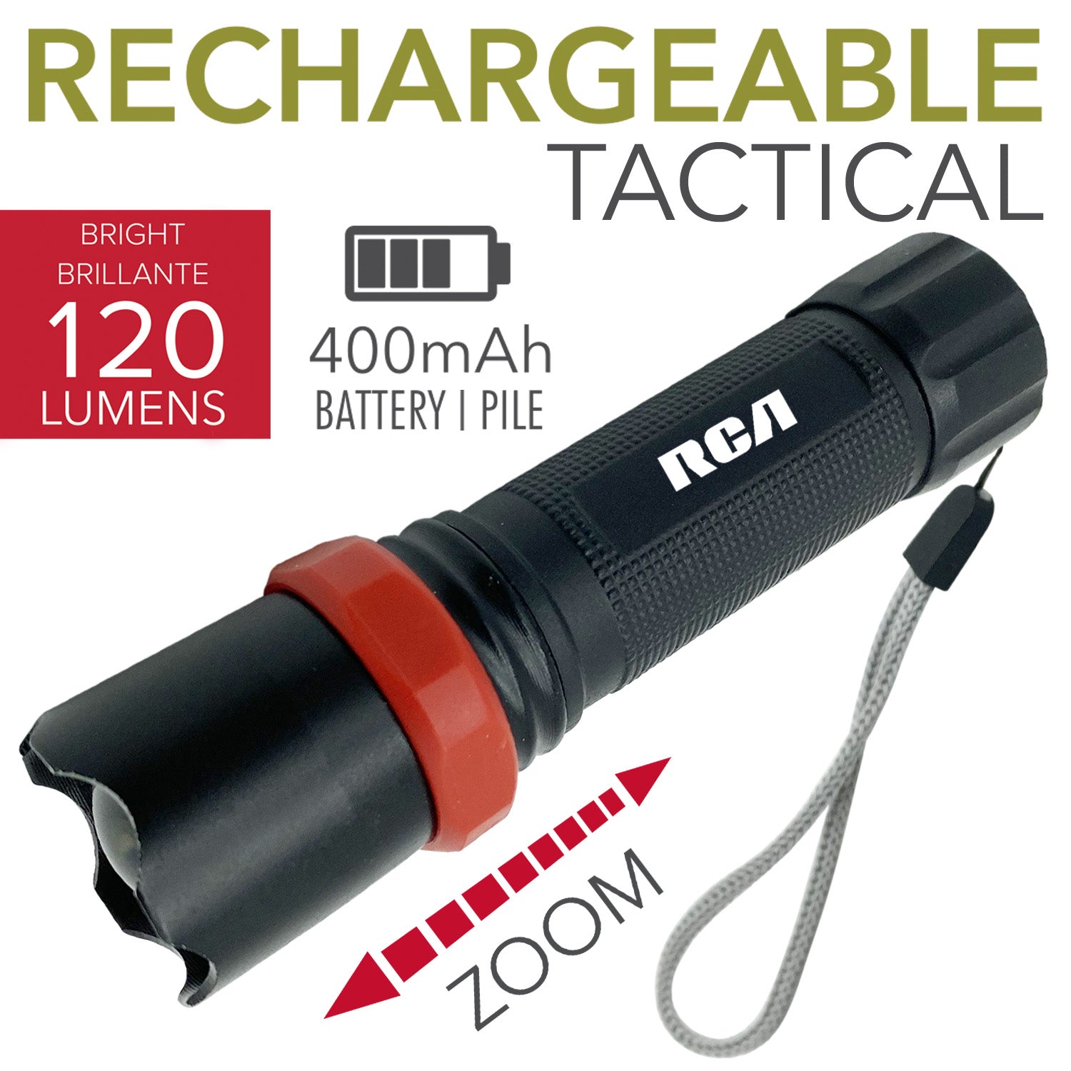 RCA | Super bright rechargeable USB zoom flashlight