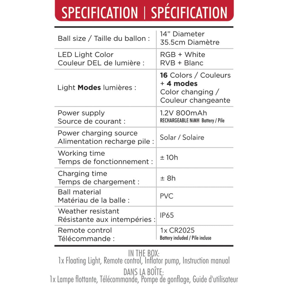 RCA | Solar Powered RGBW LED Floating Pool Light – 14”