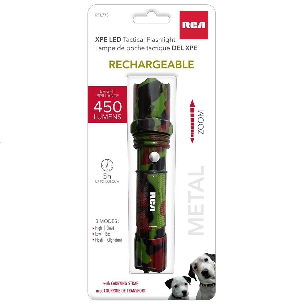 RCA | 6" Rechargeable tactical metal flashlight with ZOOM, 450LM
