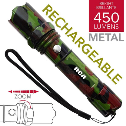 RCA | 6" Rechargeable tactical metal flashlight with ZOOM, 450LM