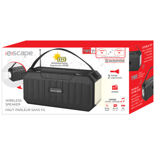 Escape | 8W Solar Powered Rechargeable WirelessTWS Speaker with FM Radio, two LED lights and microphone