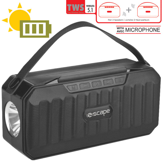 Escape | 8W Solar Powered Rechargeable WirelessTWS Speaker with FM Radio, two LED lights and microphone