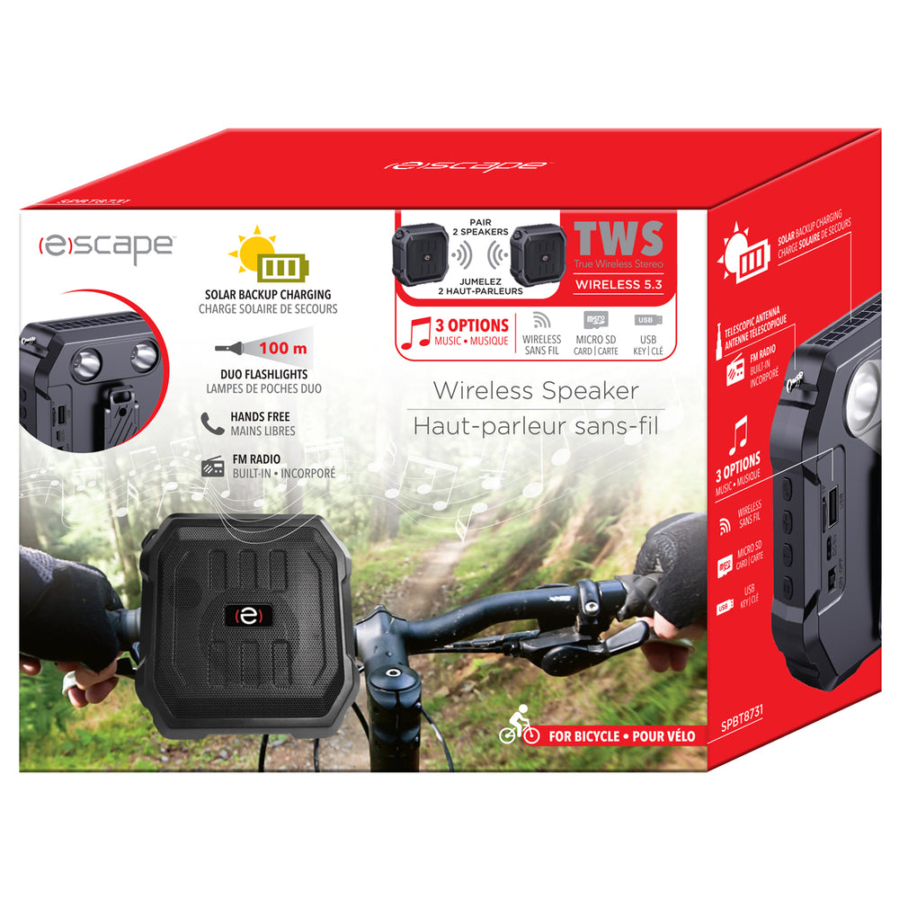 Escape | Outdoor solar-powered wireless bicycle, 5W TWS speaker with FM radio, flashlight and hands-free, IPX4