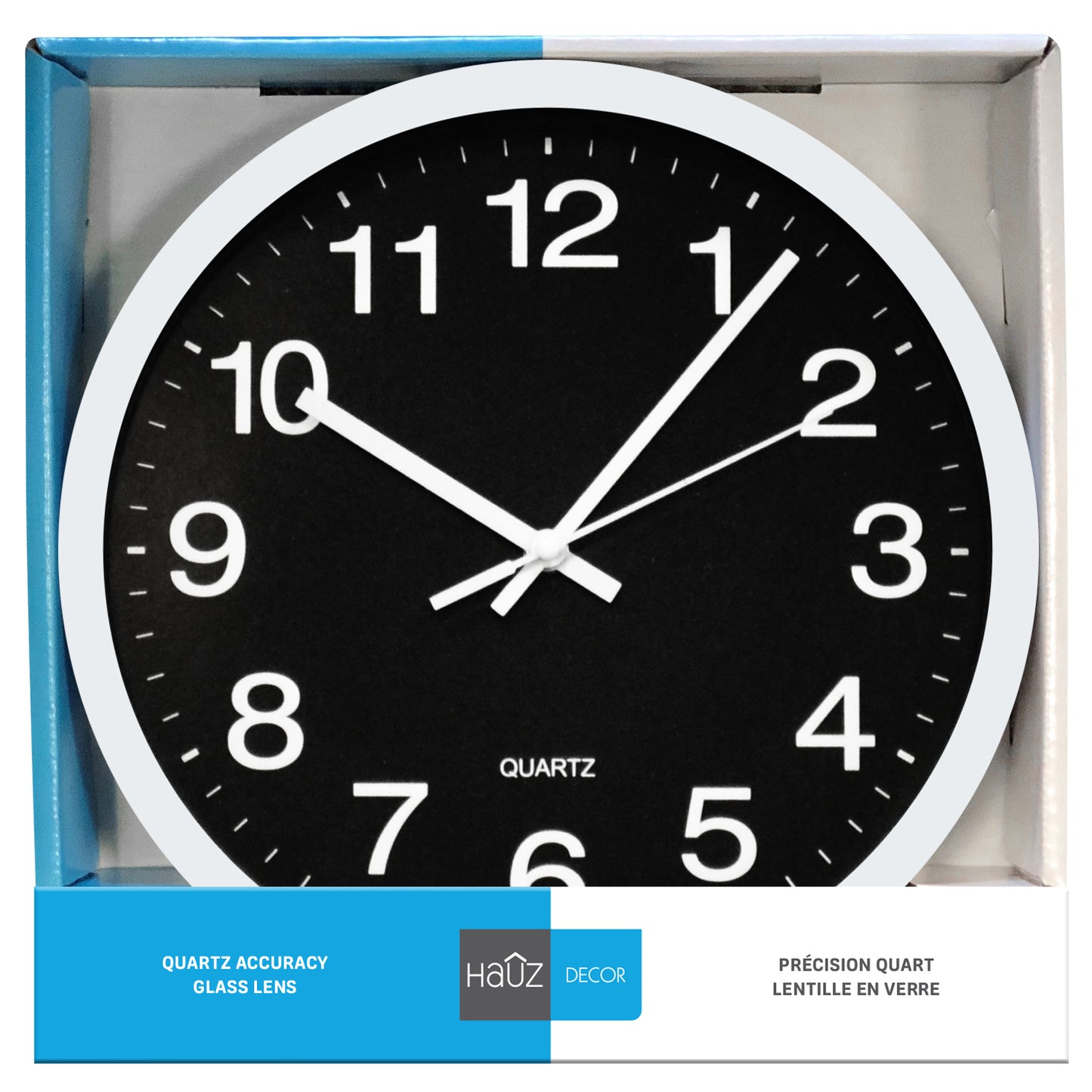 Hauz Decor | Round 12" Wall Clock - White Frame with Black Background and White Details