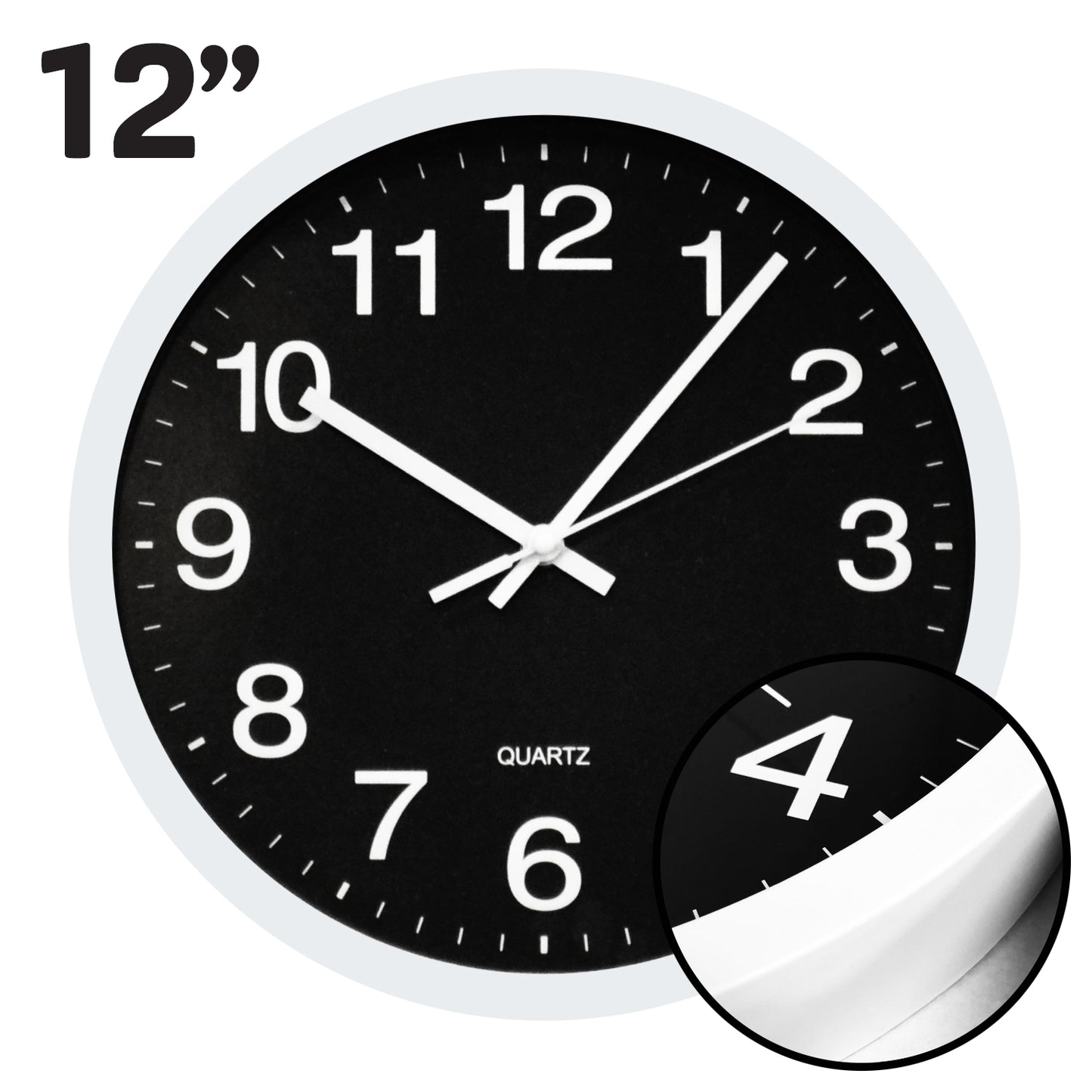 Hauz Decor | Round 12" Wall Clock - White Frame with Black Background and White Details