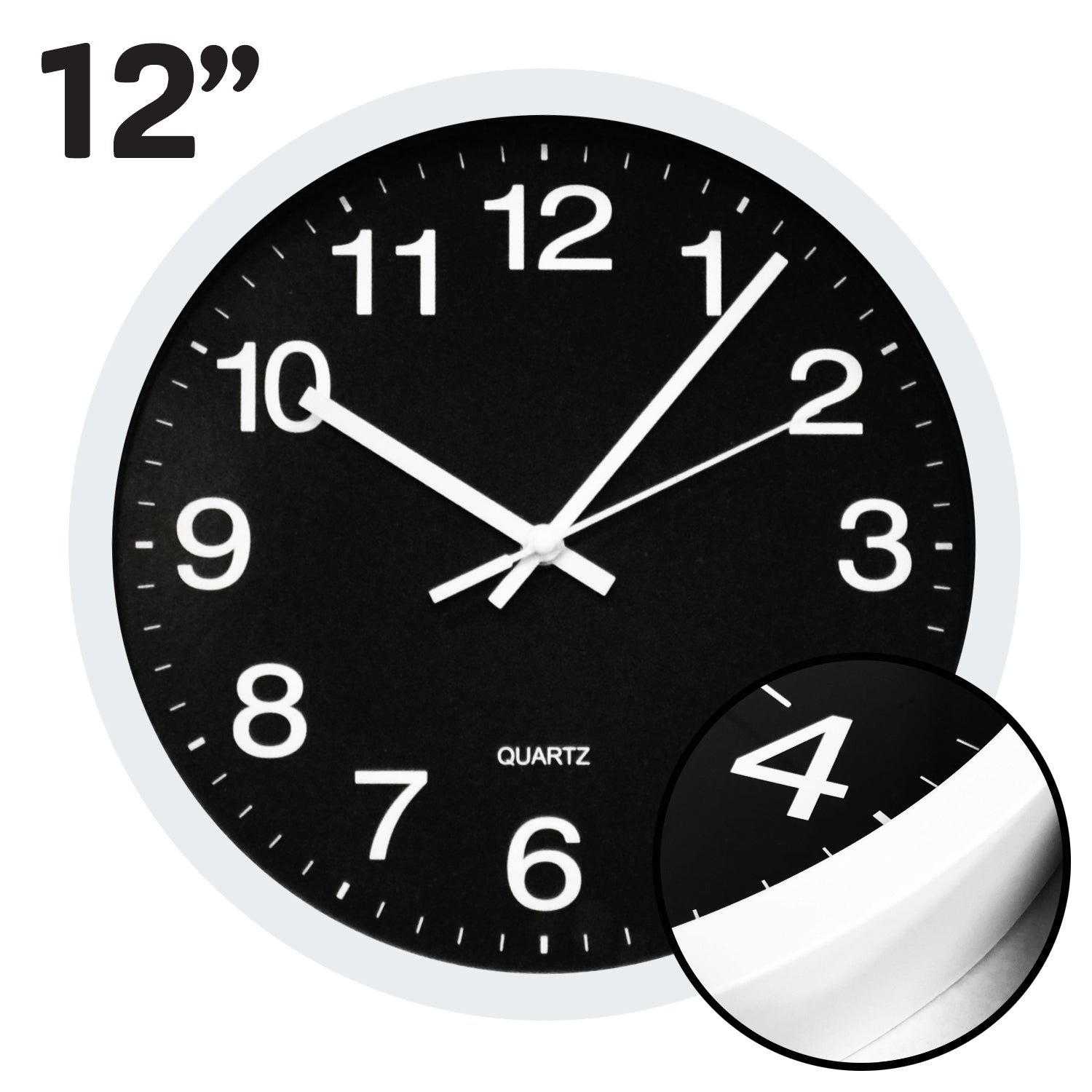 Hauz Decor | Round 12" Wall Clock - White Frame with Black Background and White Details