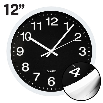 Hauz Decor | Round 12" Wall Clock - White Frame with Black Background and White Details